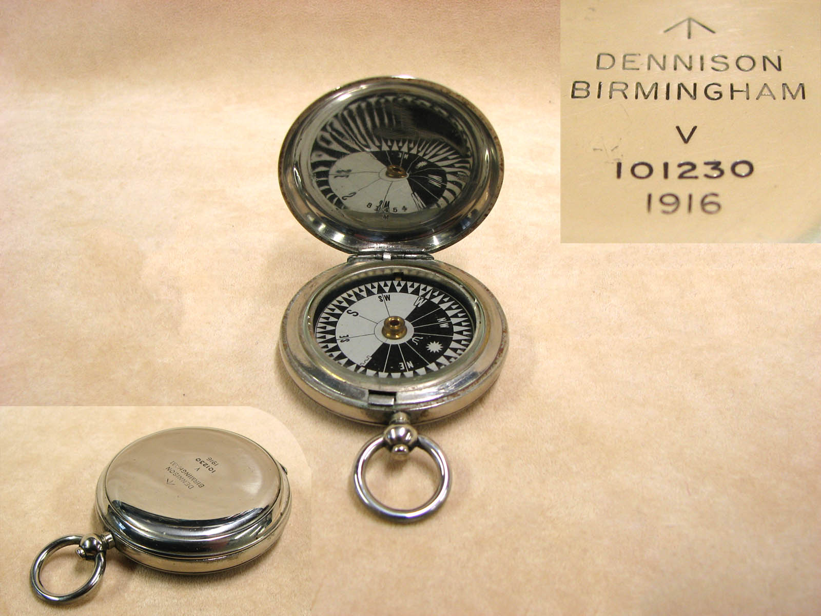 WW1 Dennison MK V pocket compass with Singers Patent style dial dated 1916